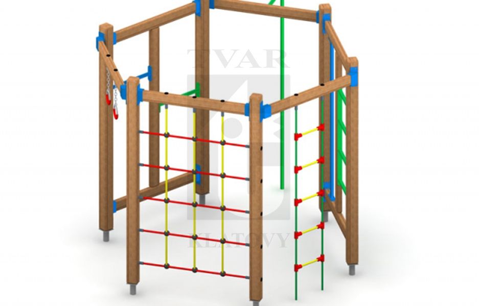 PA 2 - Tyč na šplh,  dvě hrazdy, lanový žebřík, gymnastické kruhy, ocelové žebřiny a lanová vertikální síť